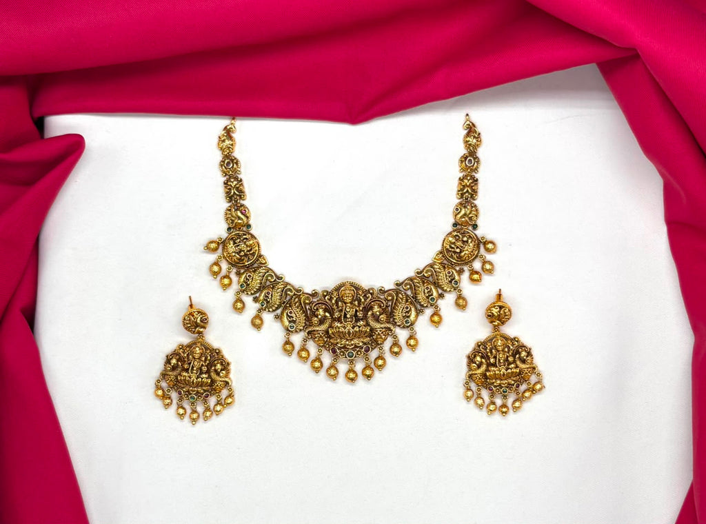 Premium Nakshi finishing Lord Lakshmi pendent with Golden balls Short Necklace