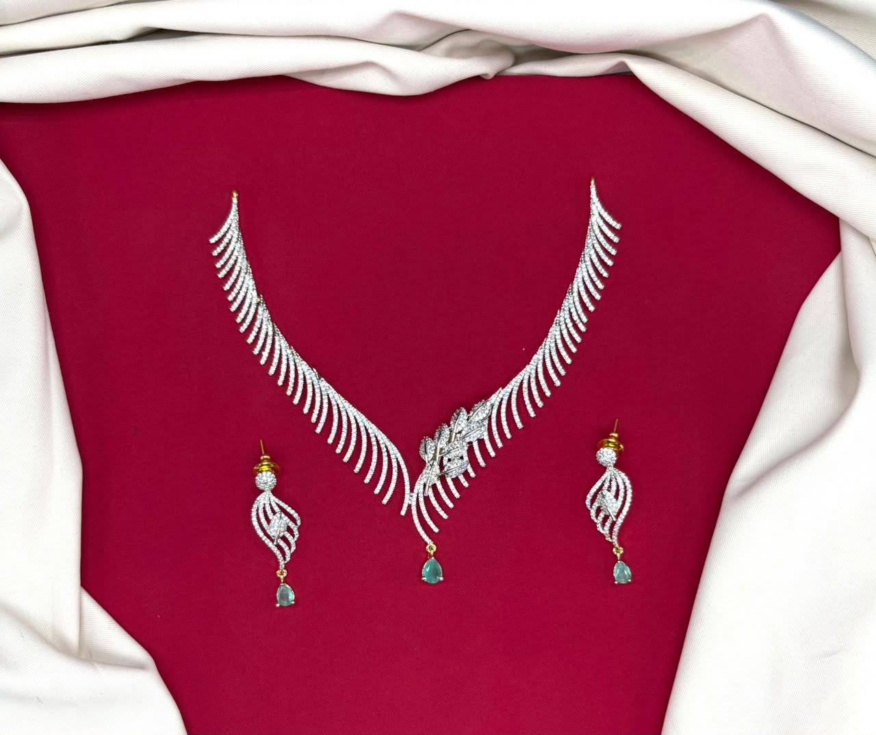 G.J finishing features rhodium with Mint-Green drop stones cubic zirconia short Necklace