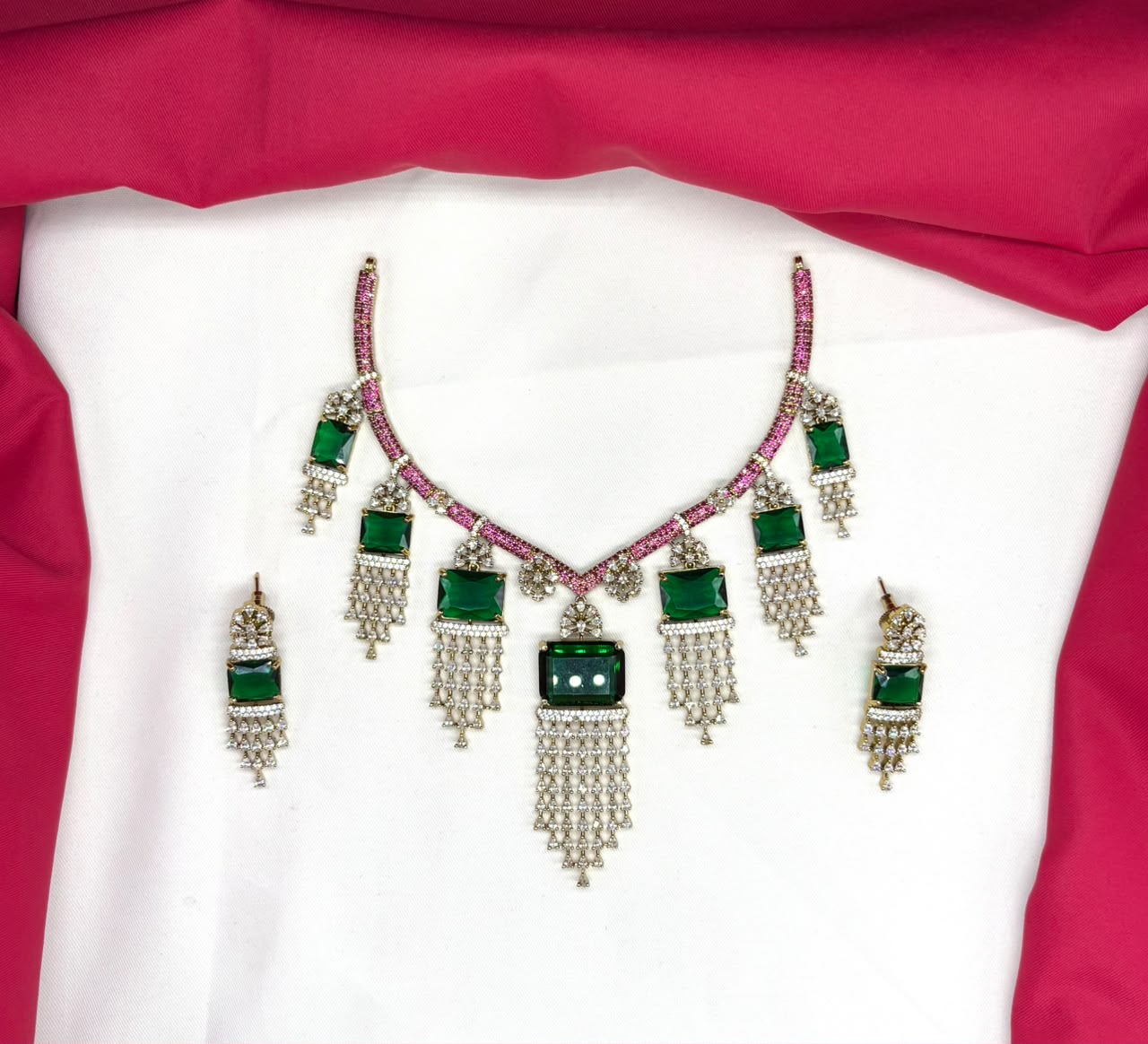 Geometric Victorian green and pink stones with American Diamonds Necklace