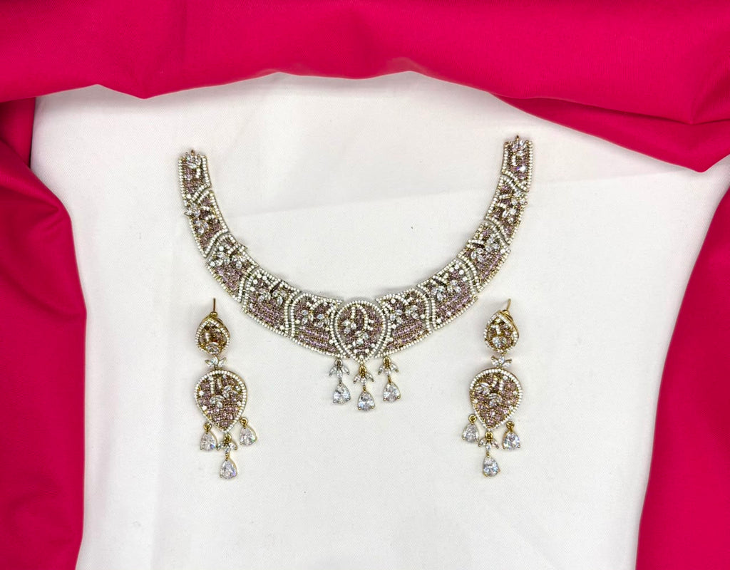 Luxury Victorian finish Baby-pink Stone Statement with Party Wear Necklace