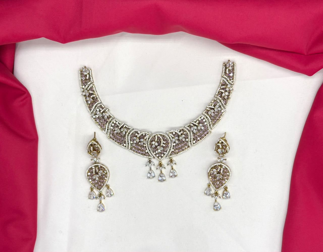 Luxury Victorian finish Baby-pink Stone Statement with Party Wear Necklace