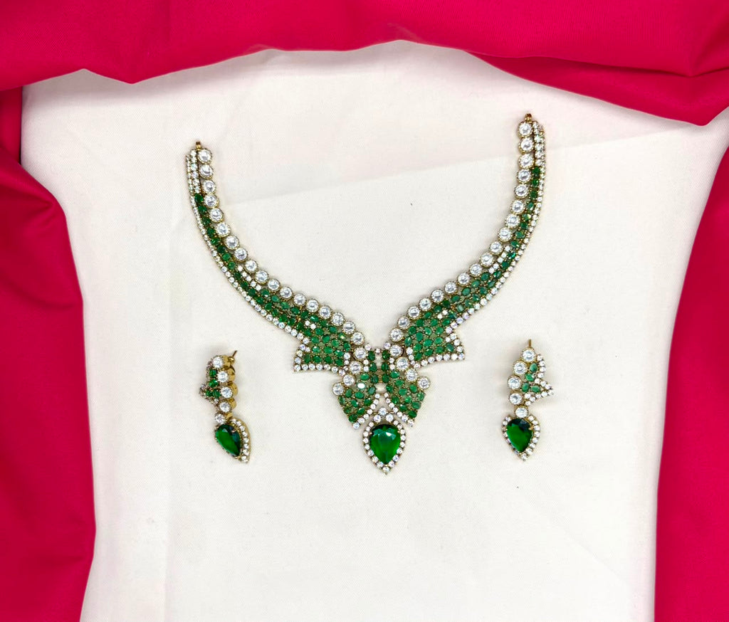 Premium emerald green stones American Diamond V-shaped design Necklace