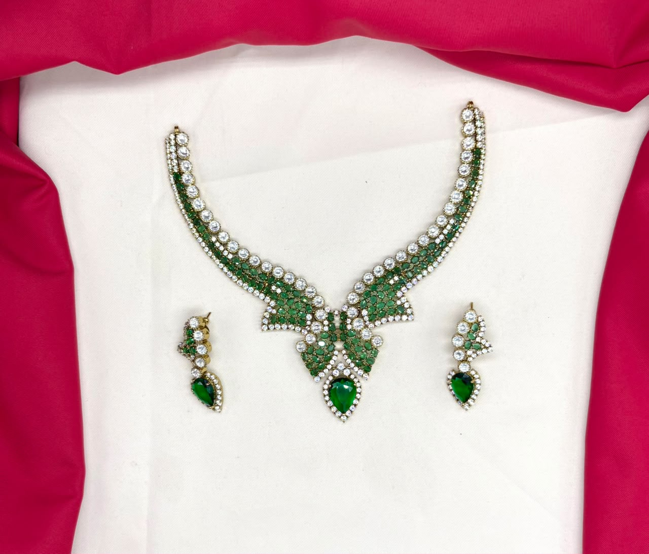 Premium emerald green stones American Diamond V-shaped design Necklace