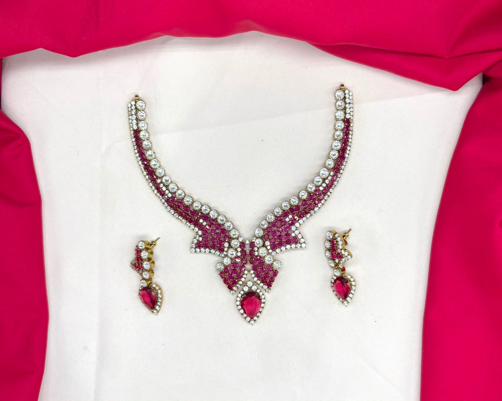 Premium emerald Pink stones American Diamond V-shaped design Necklace