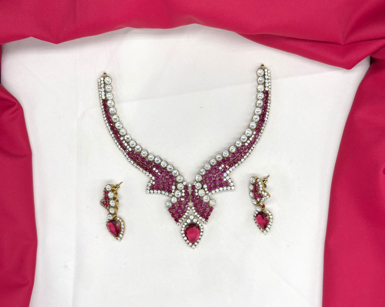 Premium emerald Pink stones American Diamond V-shaped design Necklace