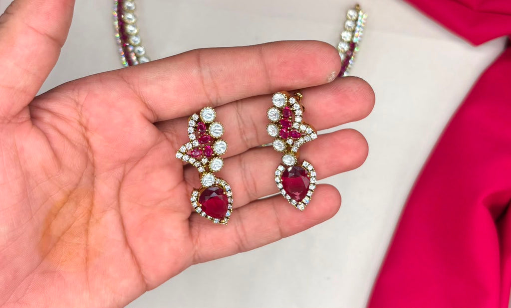 Premium emerald Pink stones American Diamond V-shaped design Necklace
