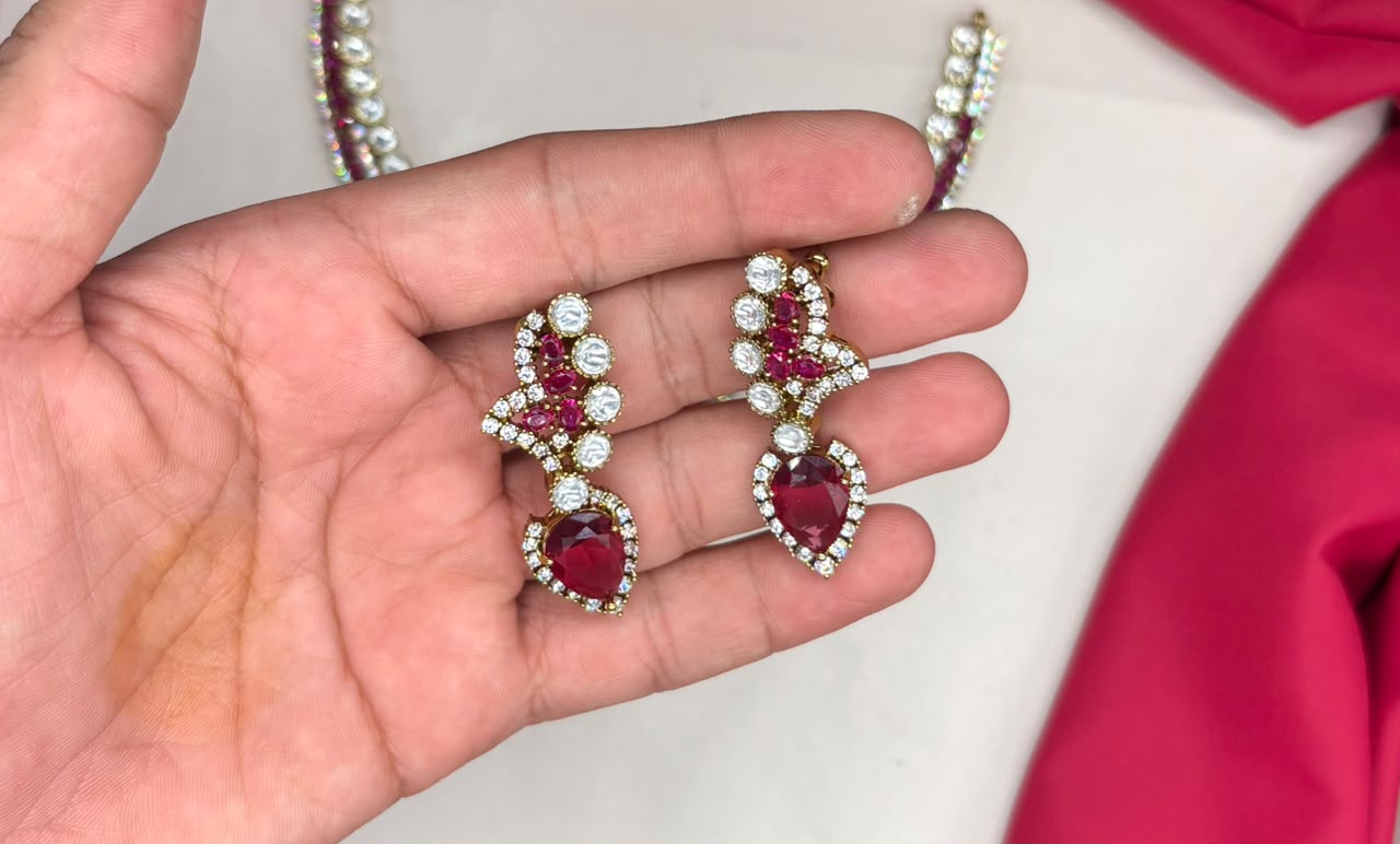 Premium emerald Pink stones American Diamond V-shaped design Necklace