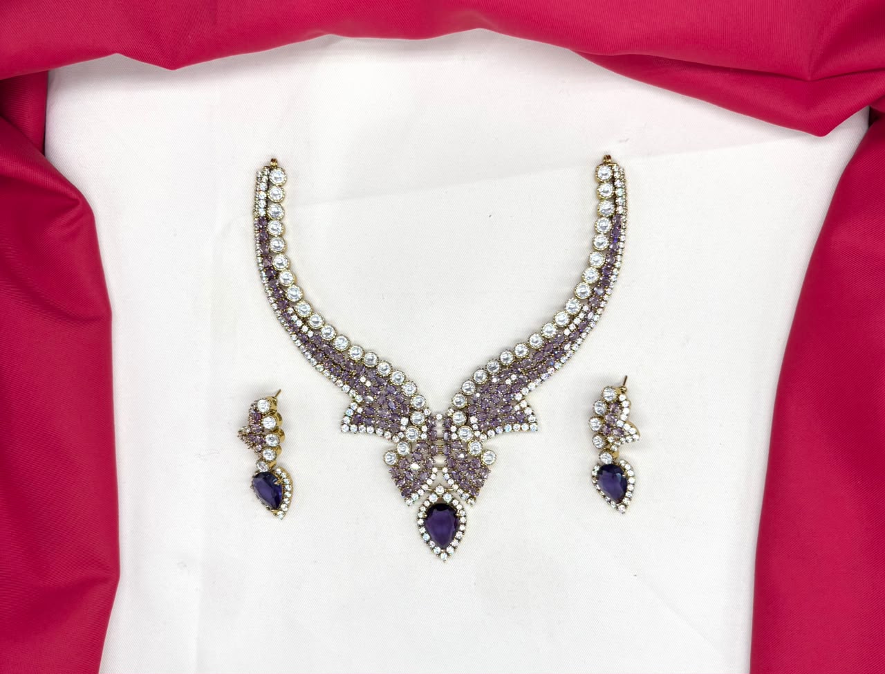 Premium emerald Purple stones American Diamond V-shaped design Necklace