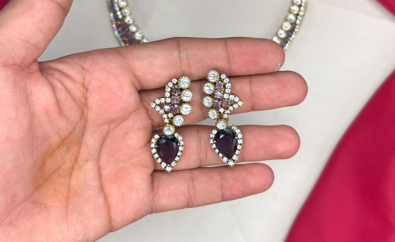 Premium emerald Purple stones American Diamond V-shaped design Necklace