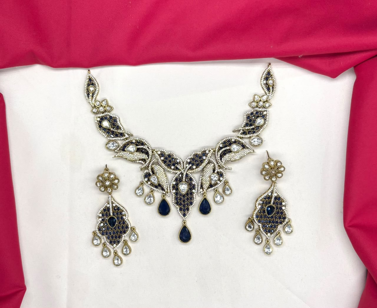 Premium Victorian AD kundan with small Royal-Blue uncut diamond cubic zirconia Short Necklace