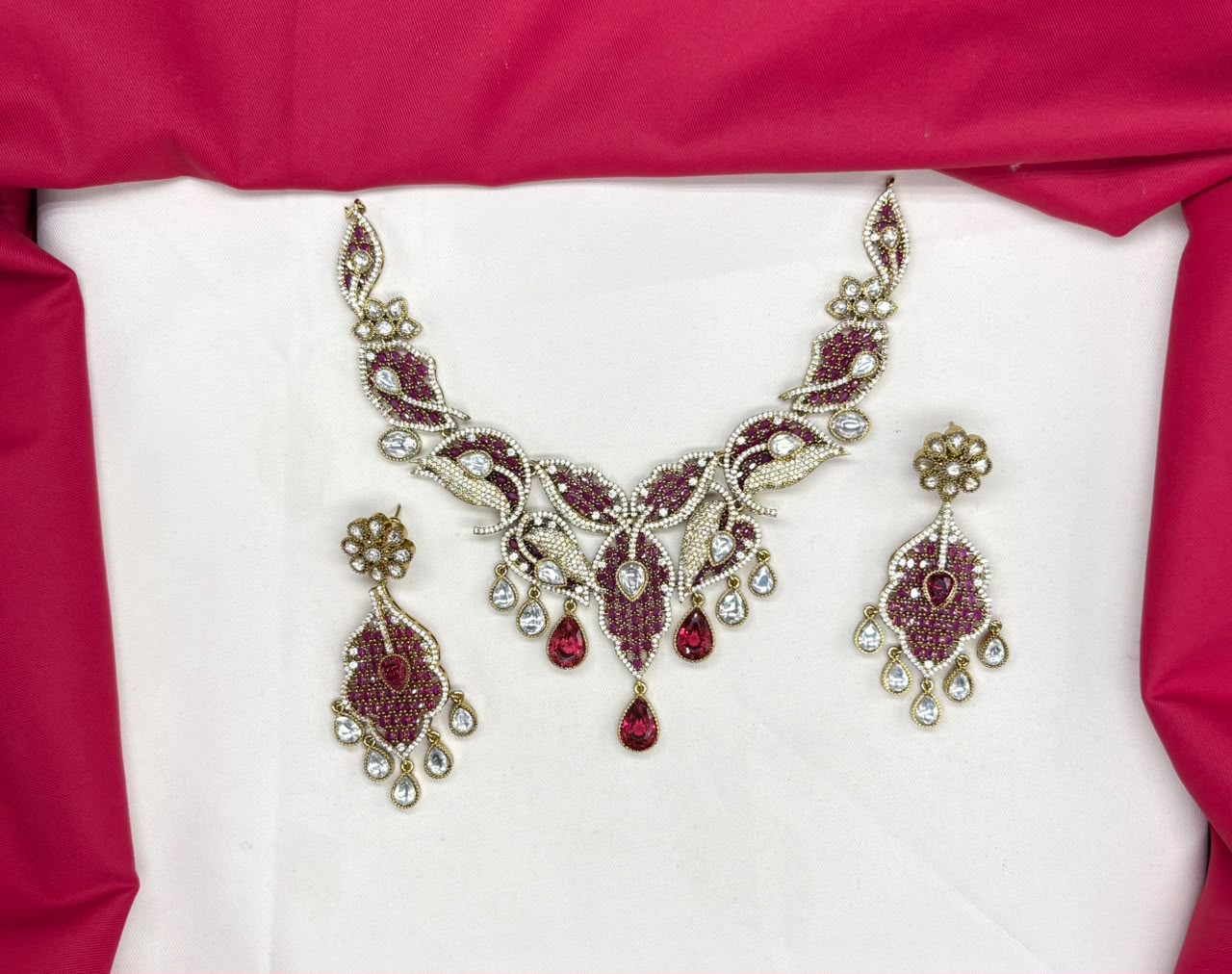 Premium Victorian AD kundan with small Pink uncut diamond cubic zirconia Short Necklace