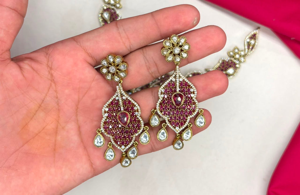 Premium Victorian AD kundan with small Pink uncut diamond cubic zirconia Short Necklace
