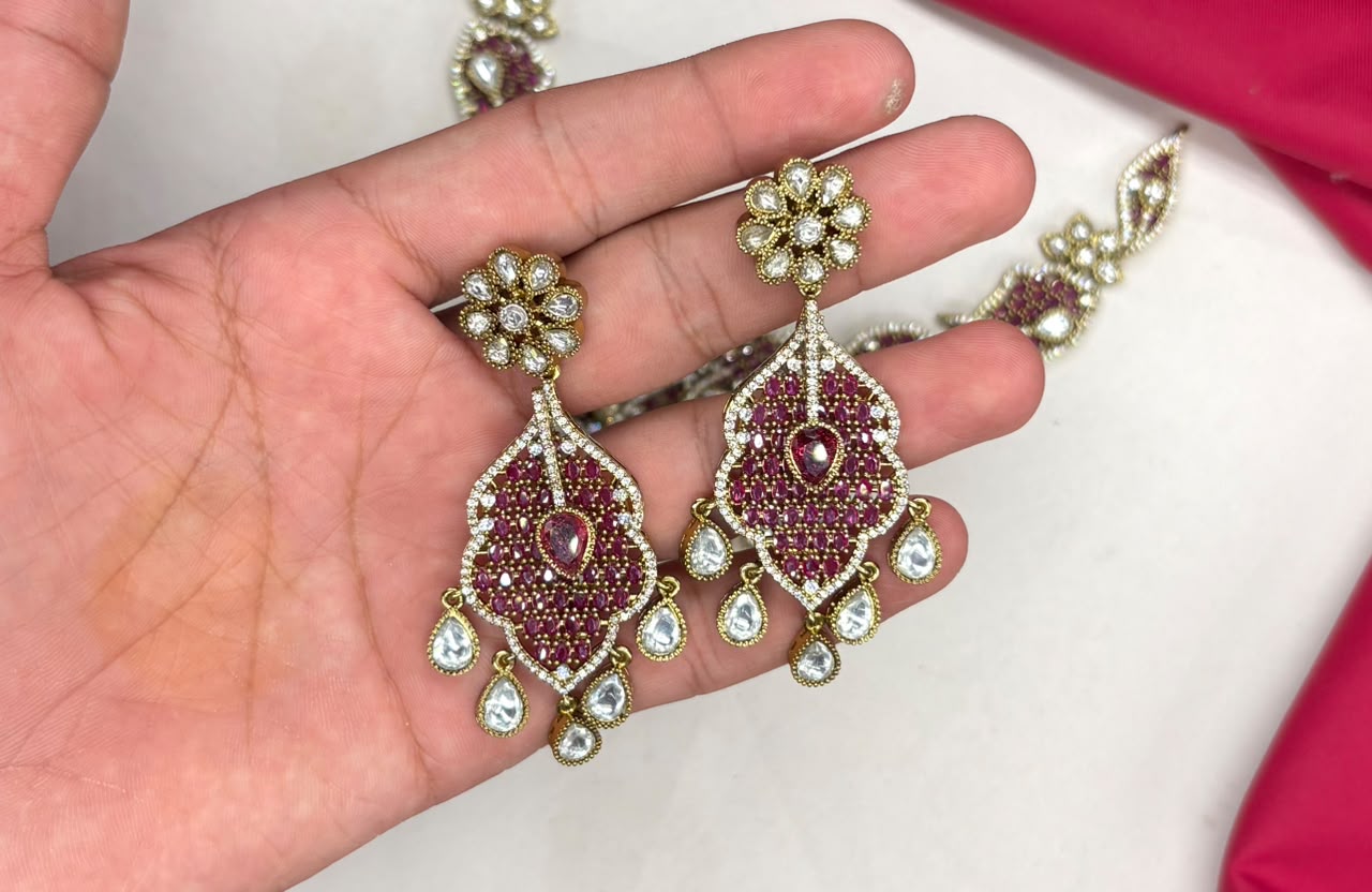Premium Victorian AD kundan with small Pink uncut diamond cubic zirconia Short Necklace