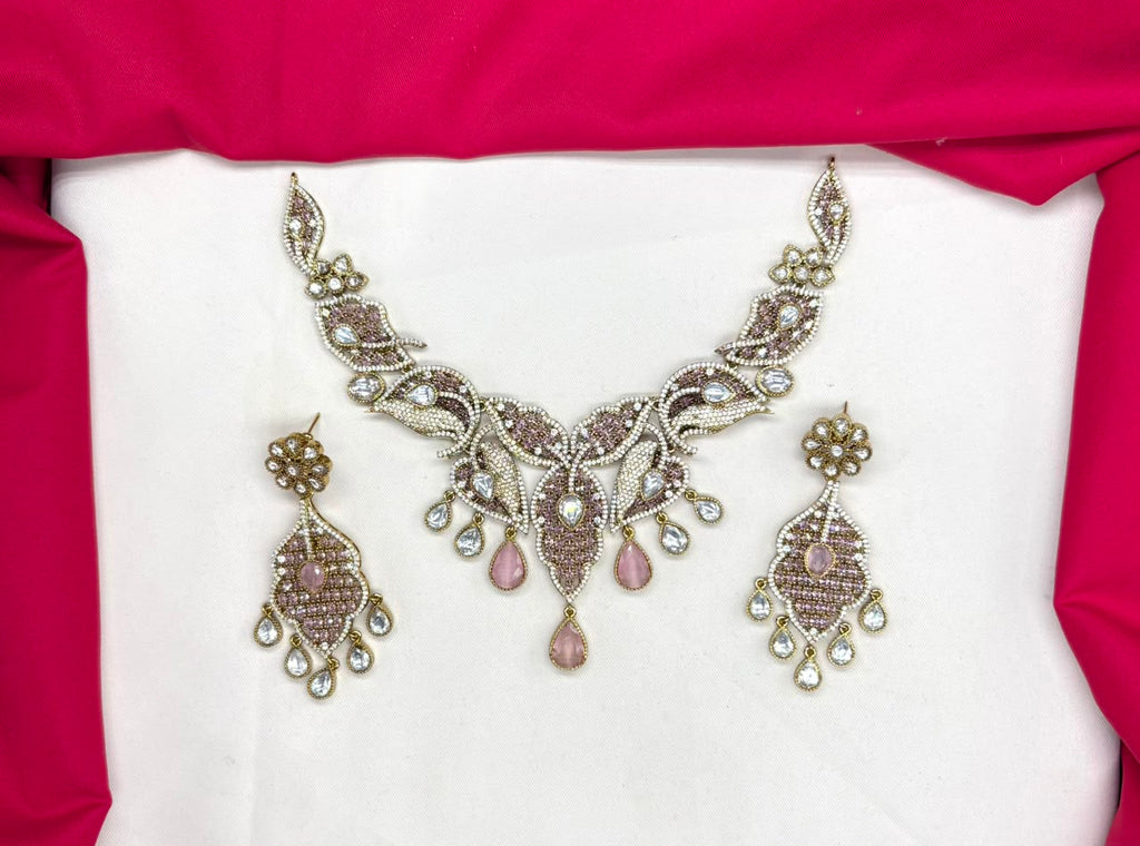 Premium Victorian AD kundan with small Baby- Pink uncut diamond cubic zirconia Short Necklace