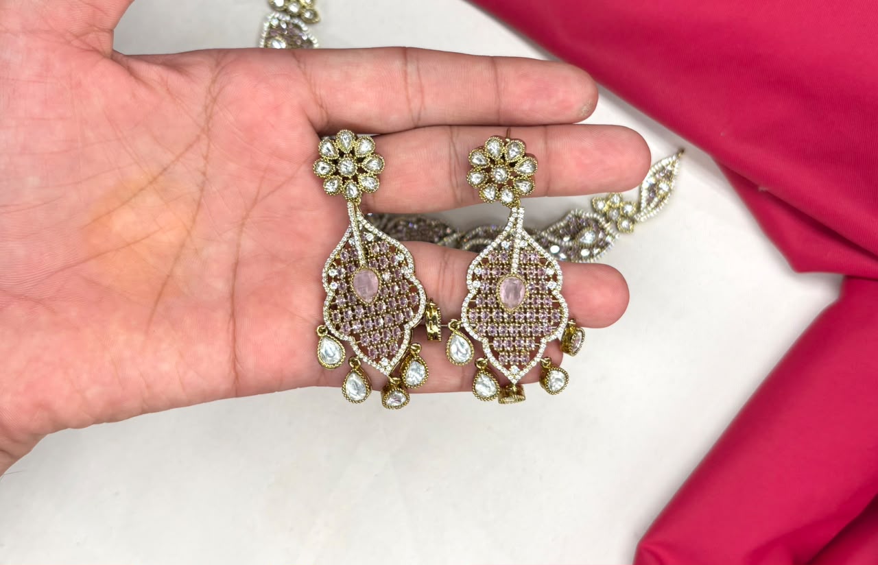 Premium Victorian AD kundan with small Baby- Pink uncut diamond cubic zirconia Short Necklace