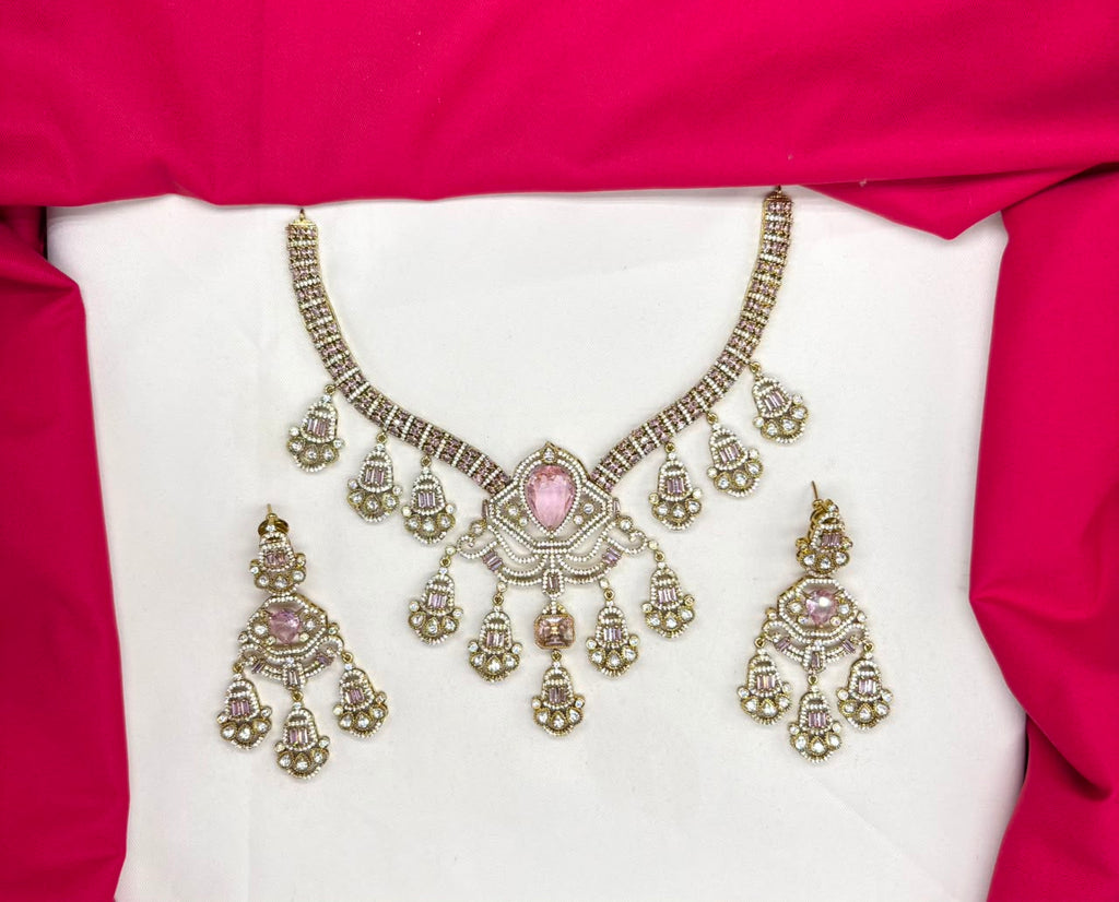 Premium Victorian finish features baby-pink CZ stones floral design Necklace