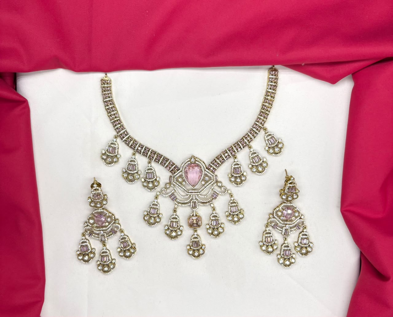 Premium Victorian finish features baby-pink CZ stones floral design Necklace