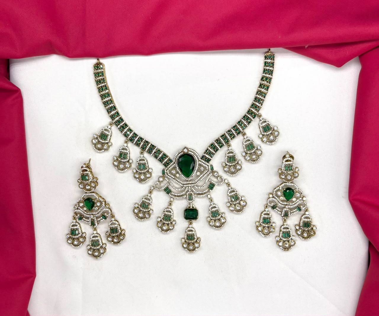 Premium Victorian finish features Green CZ stones floral design Necklace