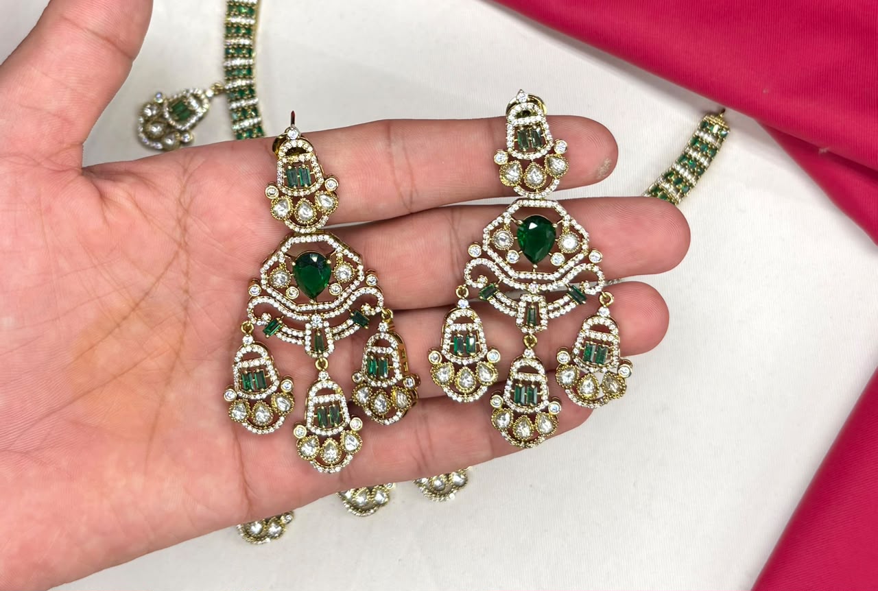 Premium Victorian finish features Green CZ stones floral design Necklace
