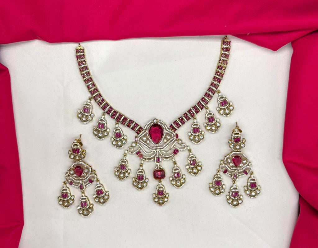 Premium Victorian finish features Red CZ stones floral design Necklace