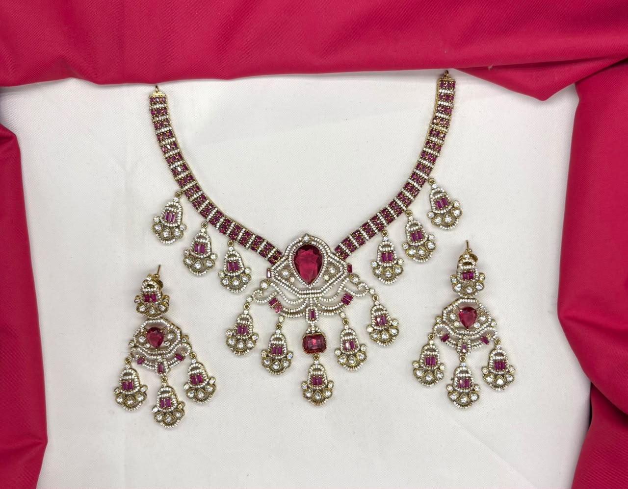 Premium Victorian finish features Red CZ stones floral design Necklace