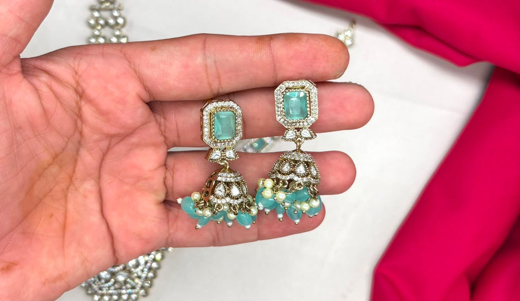 Victorian finishing mint green stones and moissanite stones two layered Short Necklace