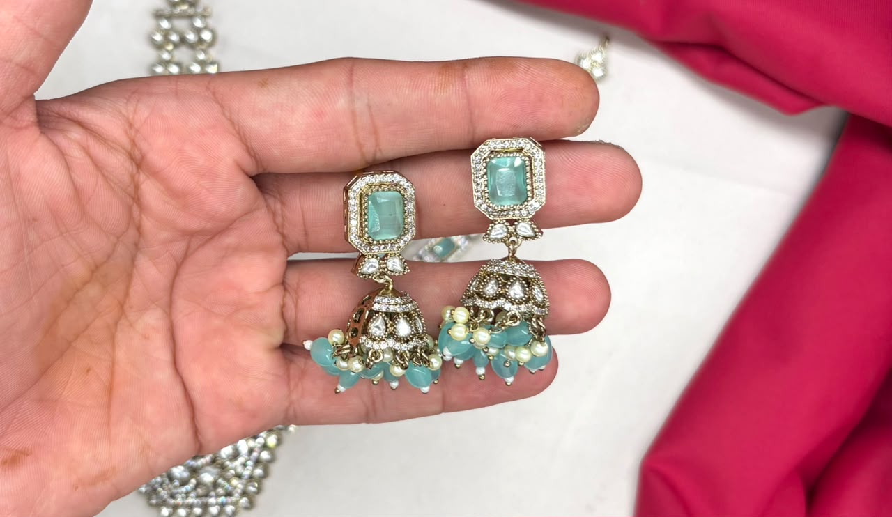 Victorian finishing mint green stones and moissanite stones two layered Short Necklace