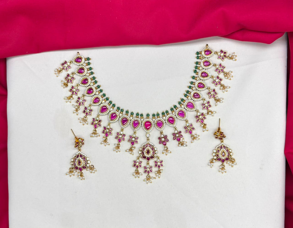 Jadau Rani pink With Kempu Stones drop flower Short Necklace