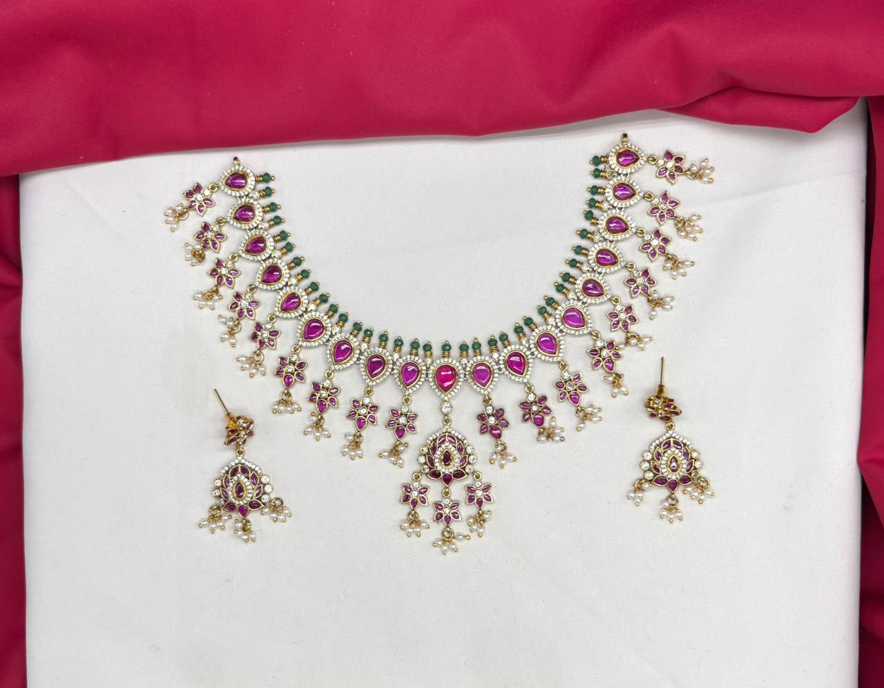 Jadau Rani pink With Kempu Stones drop flower Short Necklace