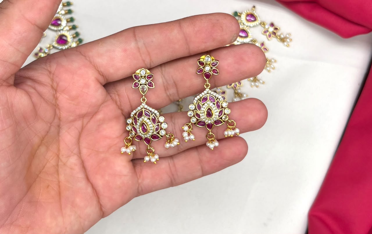 Jadau Rani pink With Kempu Stones drop flower Short Necklace