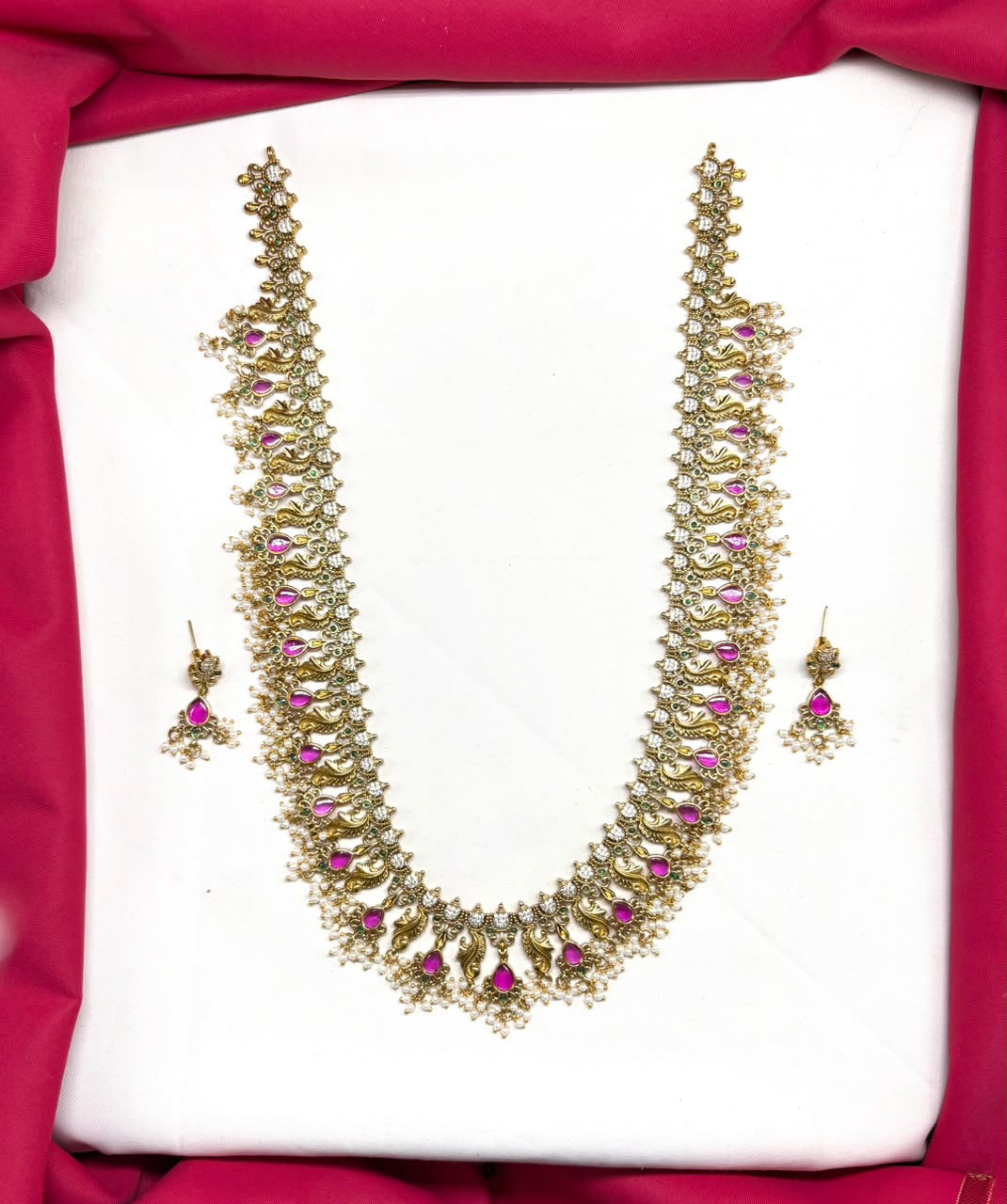 Matte finishing flower design with small white Pearls Long Haram Necklace