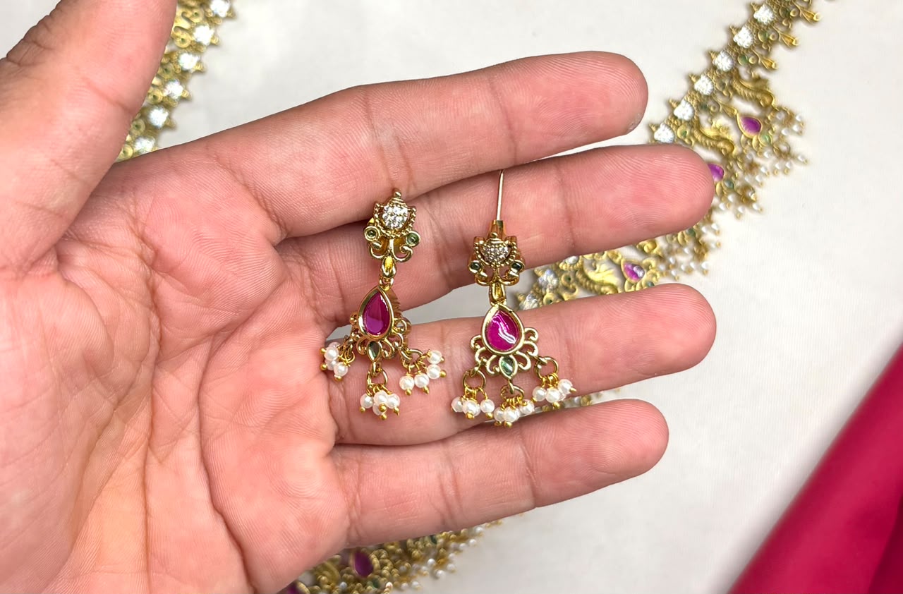 Matte finishing flower design with small white Pearls Long Haram Necklace