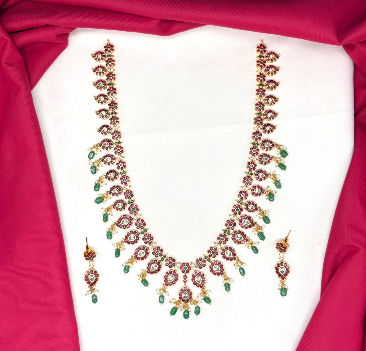 Premium Jadau Kundan Flower design with Green Beads Long Necklace