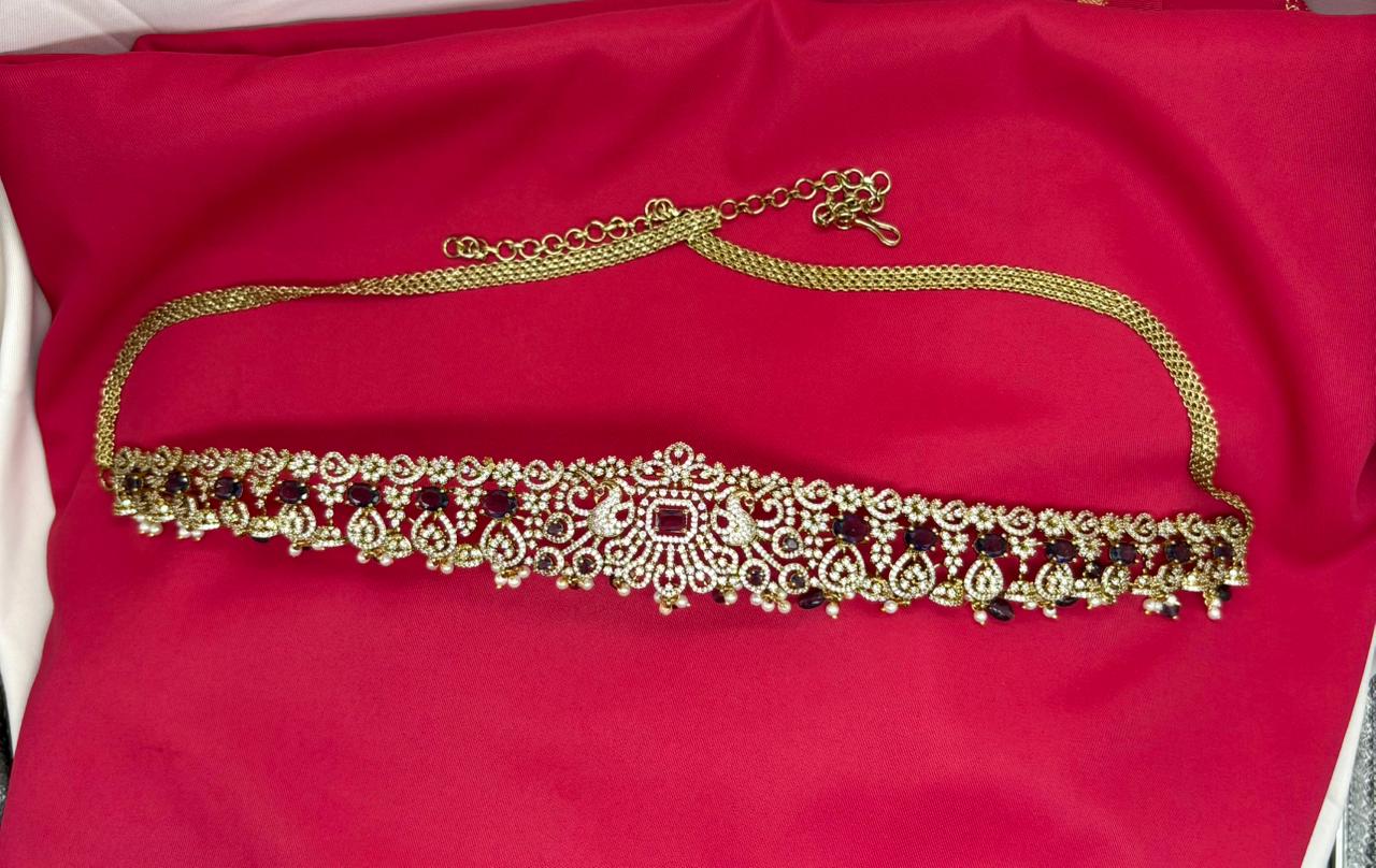 Victorian finishing with Purple stones and peacock deigned  Chain Vaddanam