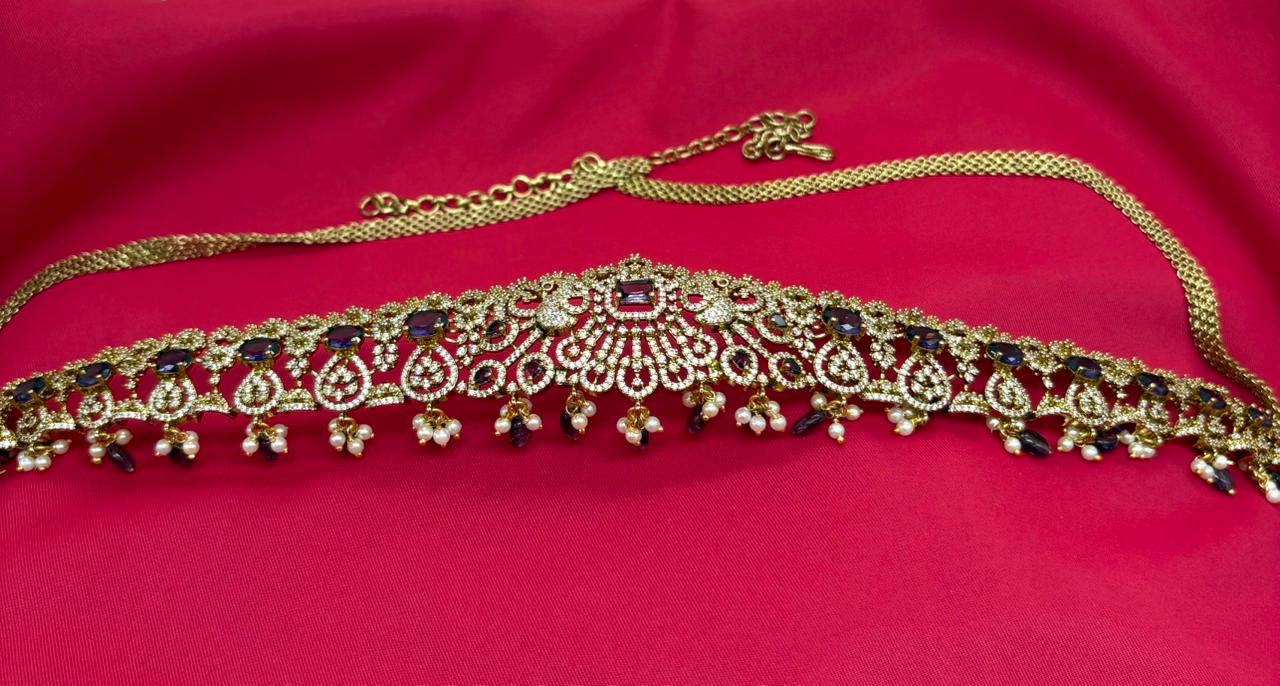 Victorian finishing with Purple stones and peacock deigned  Chain Vaddanam