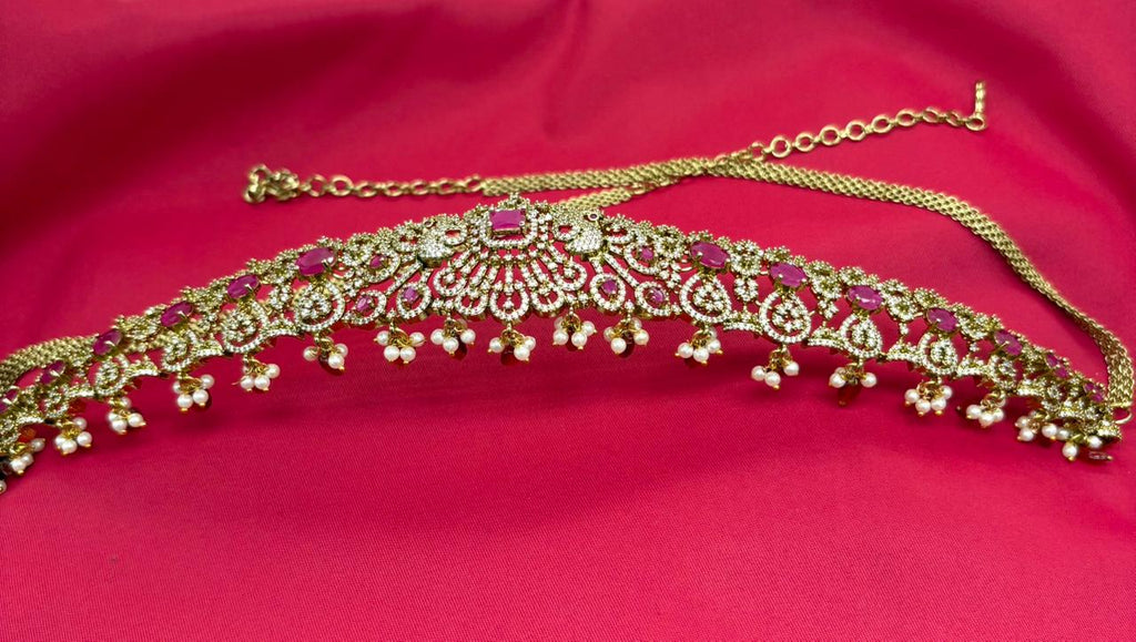 Victorian finishing with pink stones and peacock deigned  Chain Vaddanam