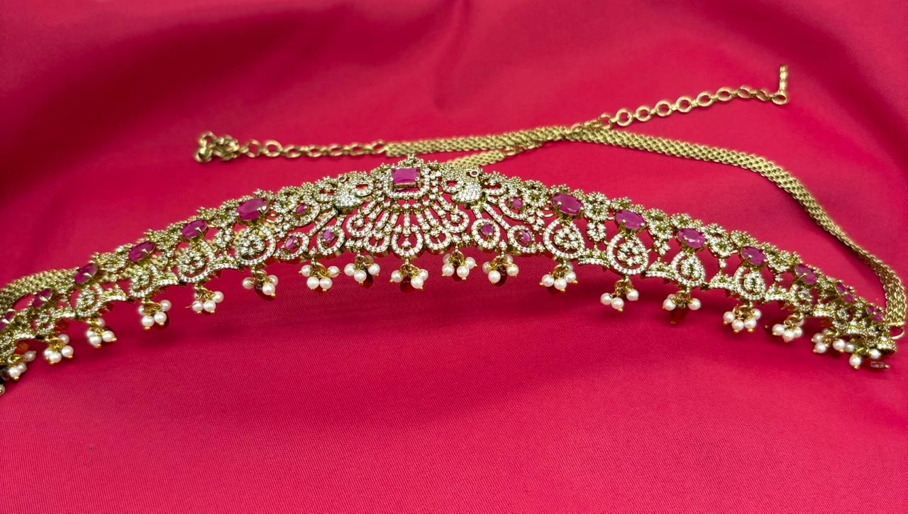 Victorian finishing with pink stones and peacock deigned  Chain Vaddanam