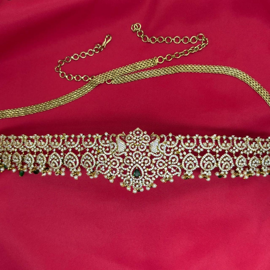 Victorian finishing with Green stones and peacock deigned Chain  Vaddanam