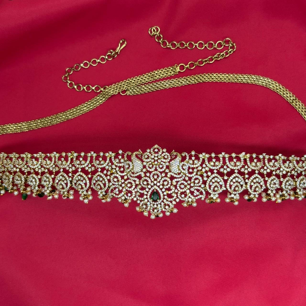 Victorian finishing with Green stones and peacock deigned Chain  Vaddanam