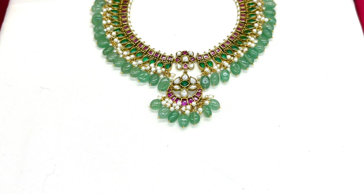 Jadau Kundan With Green Polki Stones beads Short Necklace