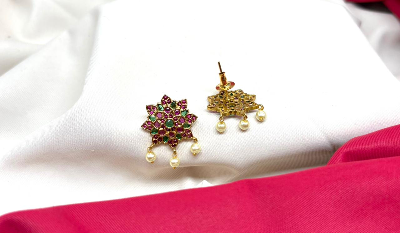 Gold-plated flower design green & pink stones faux pearl drops