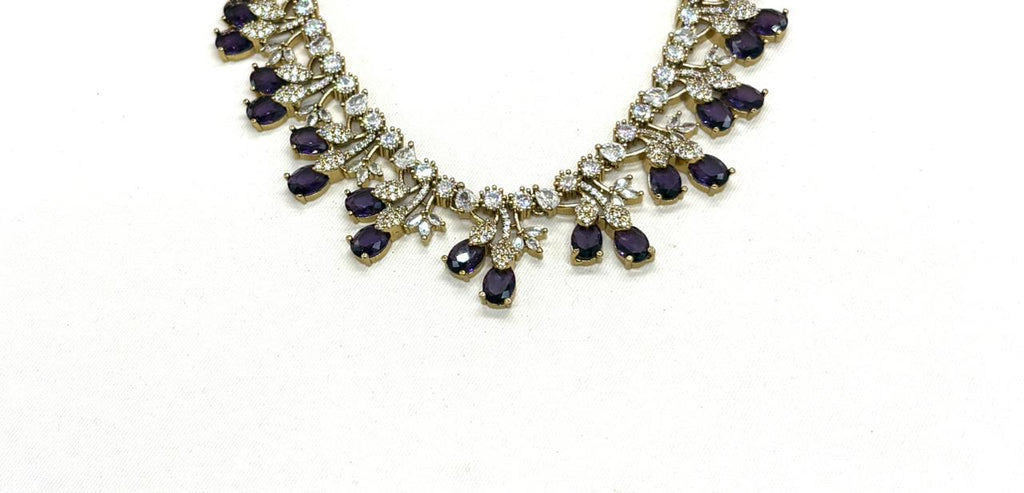 Mehndi finishing Leaf Designed Purple-Stones Short Necklace
