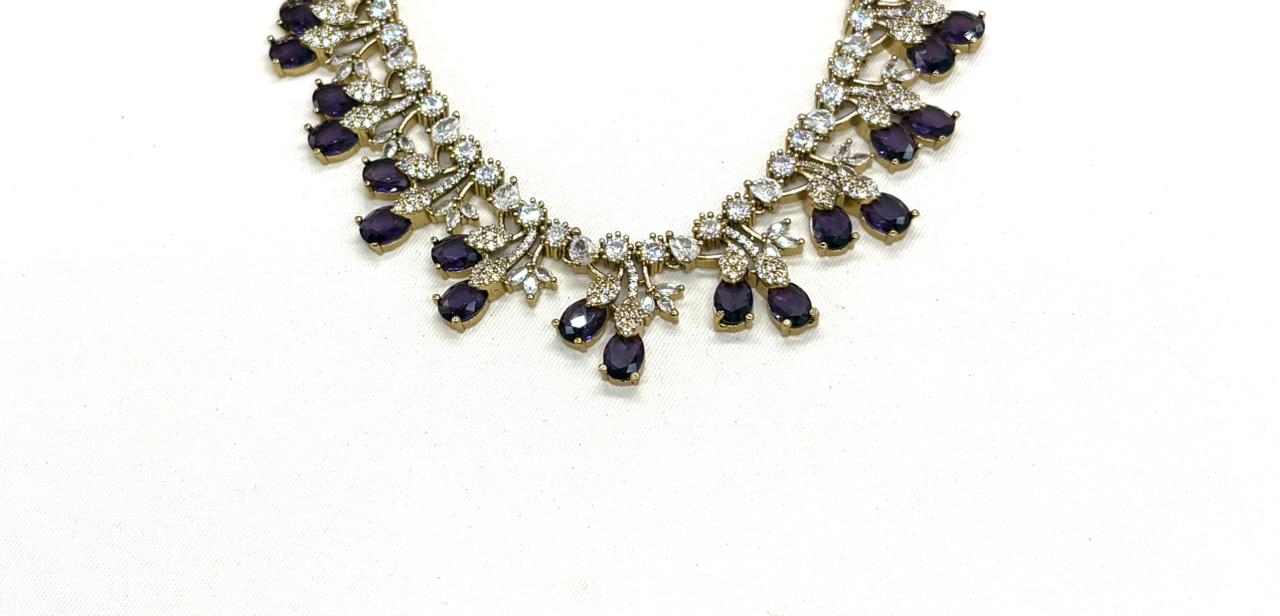 Mehndi finishing Leaf Designed Purple-Stones Short Necklace