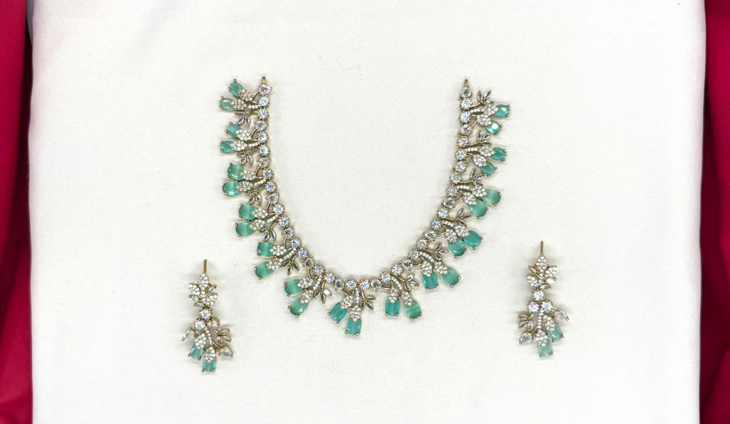 Mehndi finishing Leaf Designed Mint Green -Stones Short Necklace