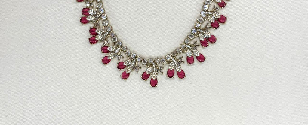 Mehndi finishing Leaf Designed  Red -Stones Short Necklace