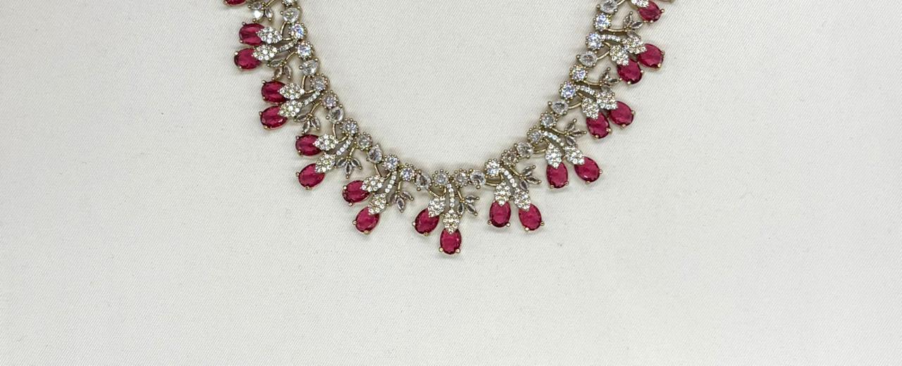 Mehndi finishing Leaf Designed  Red -Stones Short Necklace
