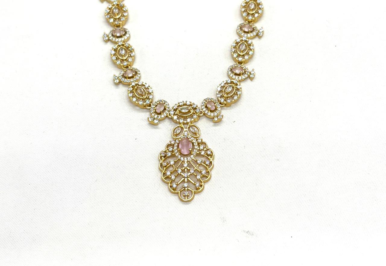 Matte finishing Baby-Pink Leaf Designed with stones Long Necklace