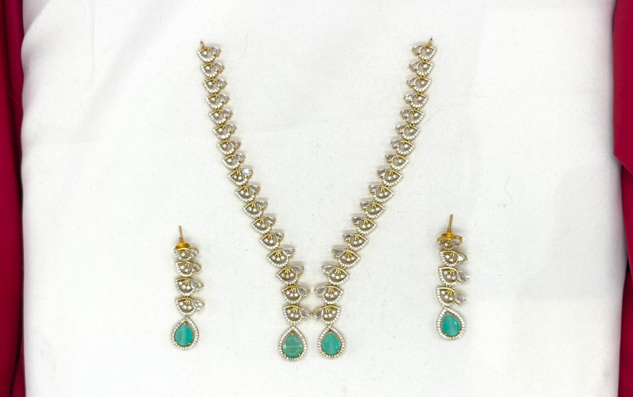 Emerald polki Mint-Green with American Diamond Drop Short Necklace