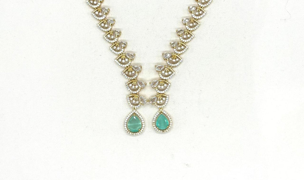 Emerald polki Mint-Green with American Diamond Drop Short Necklace
