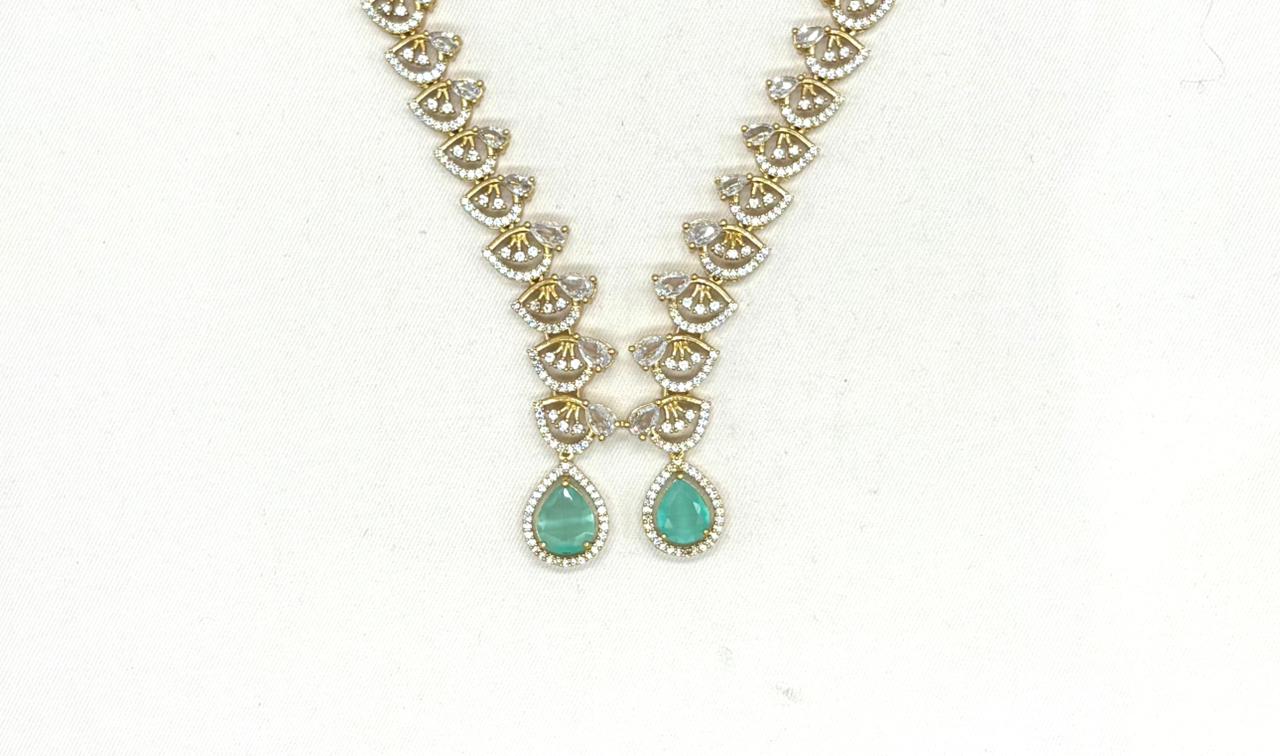 Emerald polki Mint-Green with American Diamond Drop Short Necklace